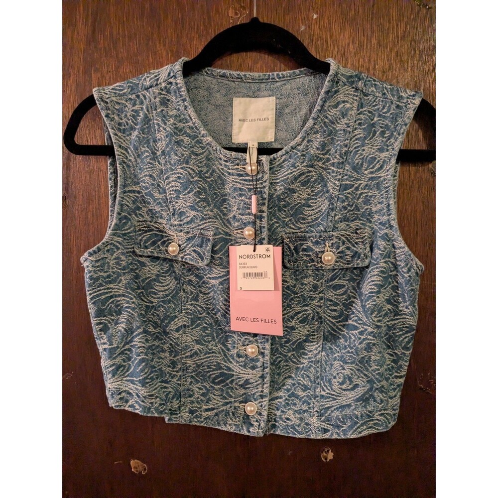 New Avec Les Filles Small Denim Floral Vest Button Up